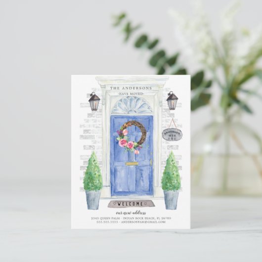 Porte avant bleue Faire-part de déplacement (Debout devant)