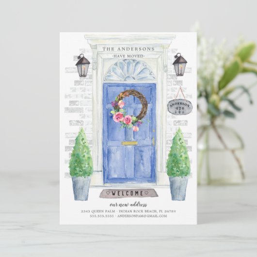 Porte avant bleue Faire-part de déplacement (Debout devant)