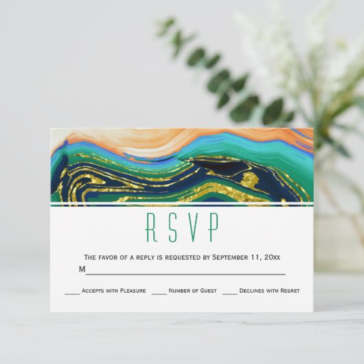 Porte bleu vert or feuille géode mariage RSVP (Debout devant)
