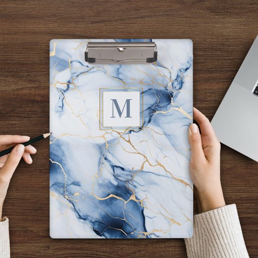 Porte-bloc à monogramme en marbre blanc bleu or