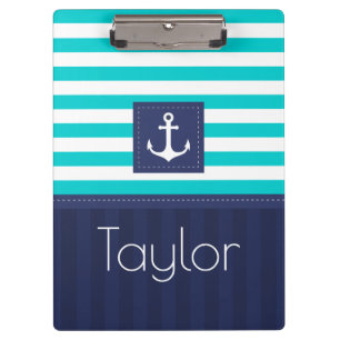 Porte-bloc Ancre moderne Aqua Navy Stripes Personnalisée