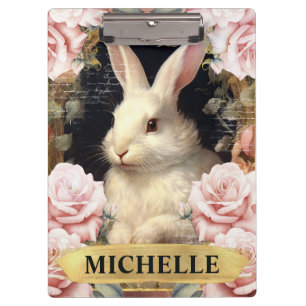 Porte-bloc Aquarelle Lapin Blanc Vintage et Roses Roses