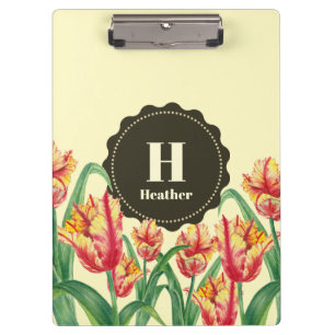 Porte-bloc Aquarelle Tulipes de perroquets jaunes Monogramme 