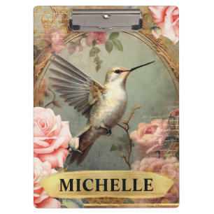 Porte-bloc Aquarelle Vintage Colibri blanc & Roses roses rose
