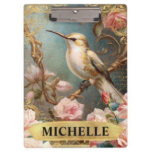 Porte-bloc Aquarelle Vintage Colibri blanc & Roses roses rose