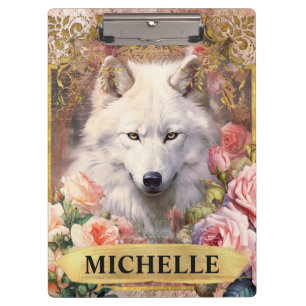 Porte-bloc Aquarelle Vintage Loup Blanc et Roses Roses