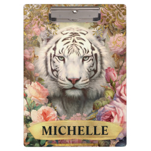 Porte-bloc Aquarelle Vintage Tigre blanc et Roses roses roses
