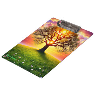Porte-bloc Arbre de chêne ancien sur coucher de soleil de col