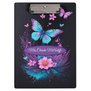 Porte-bloc beau bleu turquoise rose joli papillon fleurs