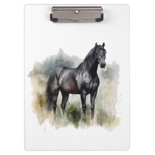 Porte-bloc belle étalon noir dans une prairie d'aquarelle