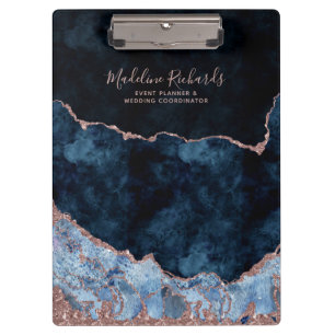 Porte-bloc Bleu Nuit et Marbre Aquarelle Feuille Or Rose Agat
