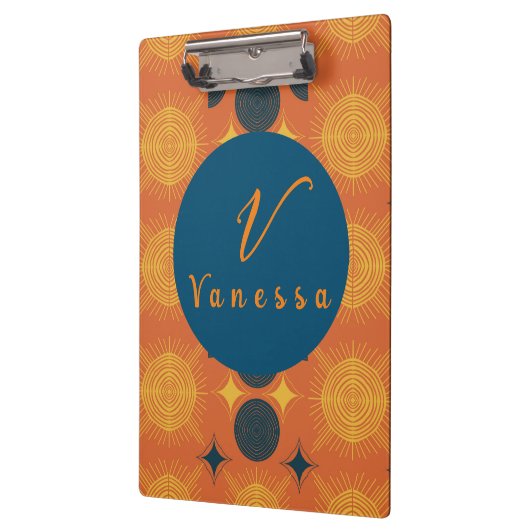 Porte-bloc Boho Céleste Soleil Lune Orange Script Monogramme (Gauche)