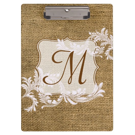 Porte-bloc Burlap Pays Dentelle Monogramme Première carte cli (Devant)