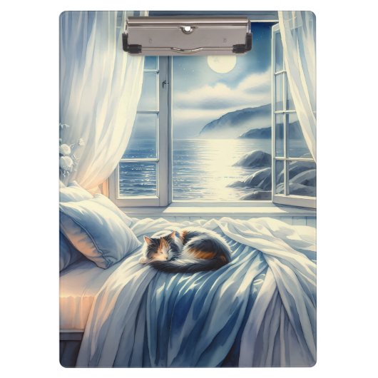 Porte-bloc Chambre côtière au clair de lune avec chat endormi (Devant)