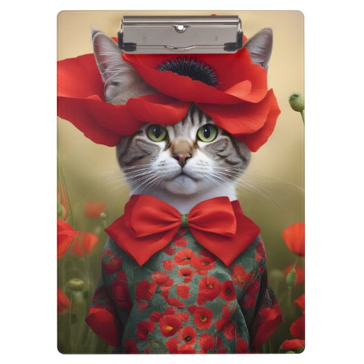 Porte-bloc Chat avec une robe faite de coquelicot (Devant)