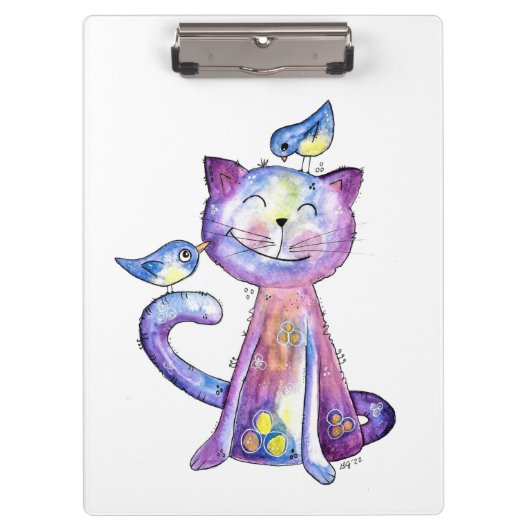Porte-bloc Chat mignon blanc violet avec oiseaux (Devant)