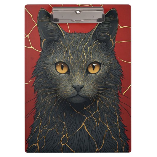Porte-bloc Chat Noir Avec Accent De Fissures Kintsugi Dorées (Devant)
