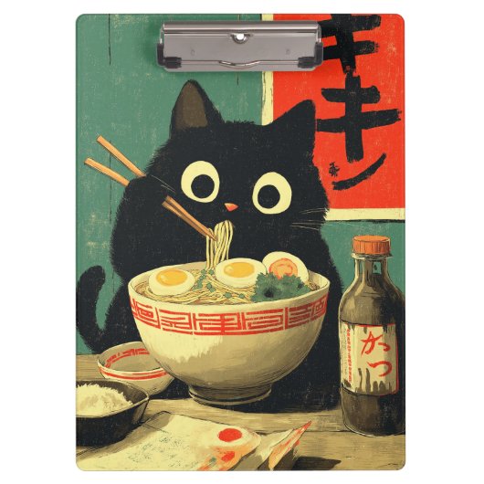 Porte-bloc Chat noir drôle mangeant du Ramen (Devant)