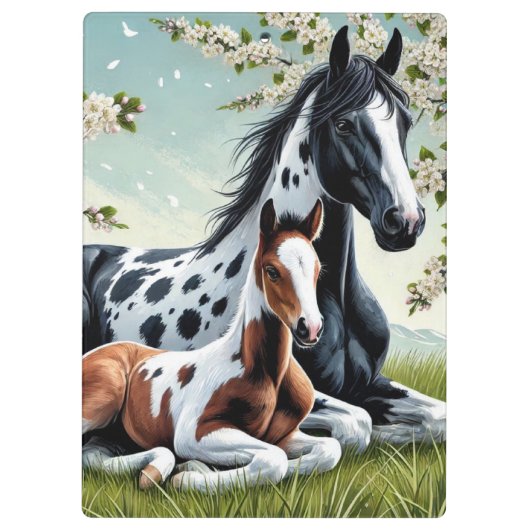 Porte-bloc Cheval et poulain reposent au milieu des arbres en (Dos)