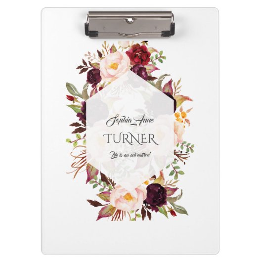 Porte-bloc Chic Aquarelle Bourgogne Floral Navy Monogramme (Devant)