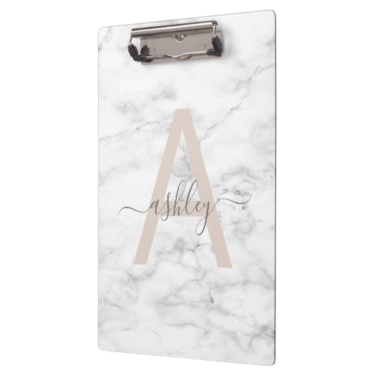 Porte-bloc Chic Blush Pink White Marble Script Nom monogram (Gauche)