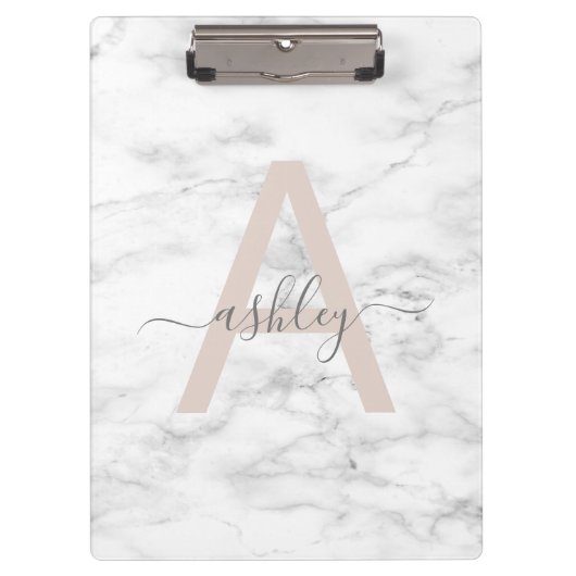 Porte-bloc Chic Blush Pink White Marble Script Nom monogram (Devant)