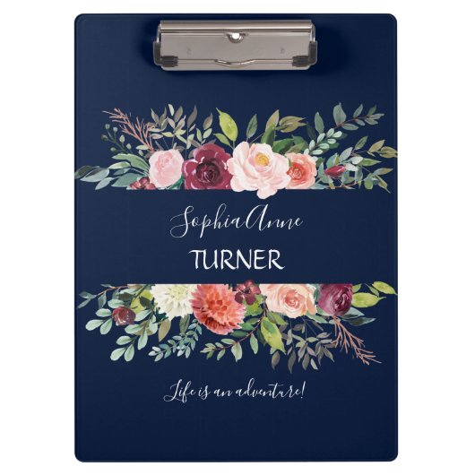 Porte-bloc Chic Bourgogne Blush Floral Navy Monogramme bleu (Devant)