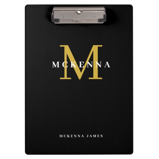 Porte-bloc Chic Monogramme Moderne Noir Or Nom Initial (Devant)