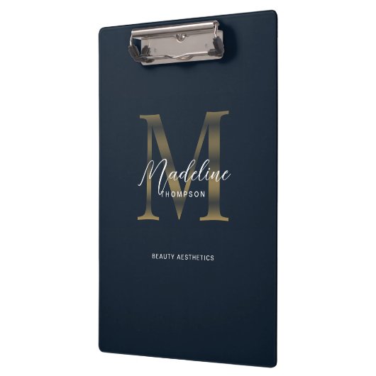 Porte-bloc Chic Script Metallic Navy Blue Gold Monogram (Gauche)