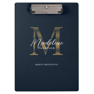 Porte-bloc Chic Script métallisé bleu marine or monogramme
