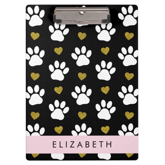 Porte-bloc Chien Paws, White Paws, Gold Hearts, Votre Nom (Devant)