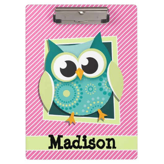 Porte-bloc Chouette verte sur bandes rose et blanche (Devant)