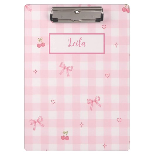 Porte-bloc Conception de nom de script à nœud cerise en vichy (Devant)