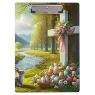 Porte-bloc Croix de Pâques avec lapin et oeufs