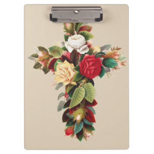 Porte-bloc Croix de roses botaniques vintage Art religieux