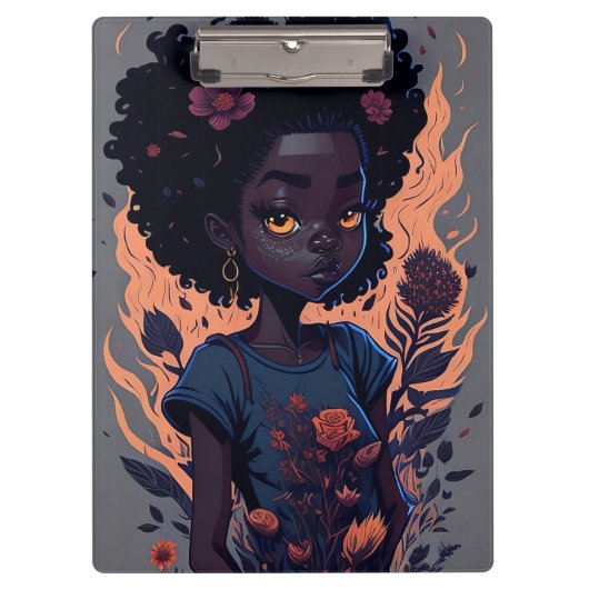 Porte-bloc Cute Ai Généré Fille avec Fleurs et Flames (Devant)