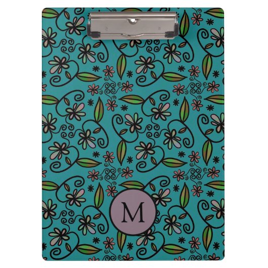Porte-bloc Cute Teal Floral Pattern Monogram (Devant)
