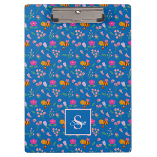Porte-bloc d'abeilles mignonnes Monogramme Nom bleu