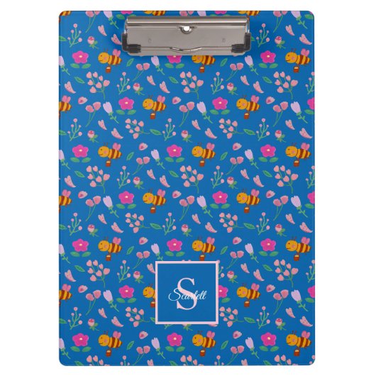 Porte-bloc d'abeilles mignonnes Monogramme Nom bleu (Devant)