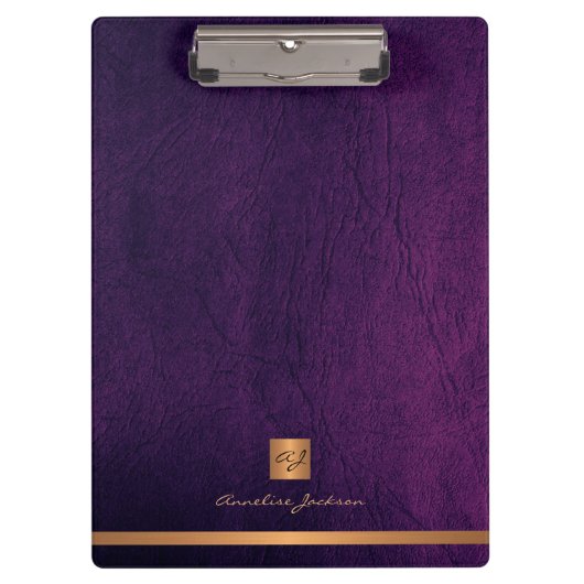 Porte-bloc Élégant classe en cuir violet or monogrammed (Devant)