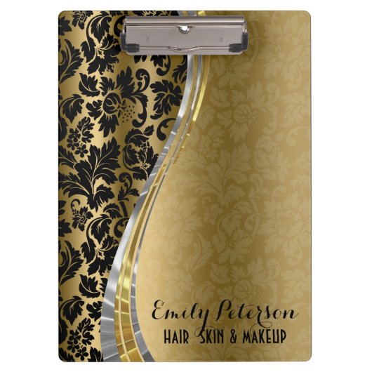 Porte-bloc Élégant Damas Noir & Or Avec Accents Argent (Devant)