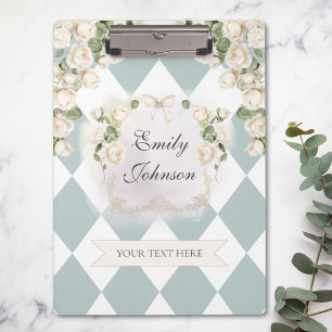 Porte-bloc Élégant Monogram Roses Blanches Feuilles Vertes Di