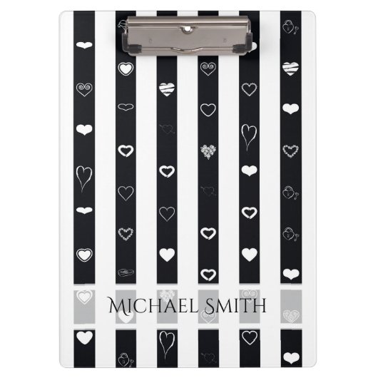 Porte-bloc Elégant noir blanc rayures Motif de coeur moderne (Devant)