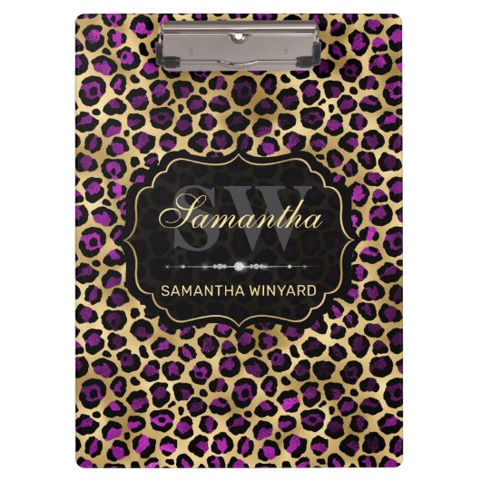 Porte-bloc Élégant Violet & Or Huile Léopard Spots Monogramme (Devant)