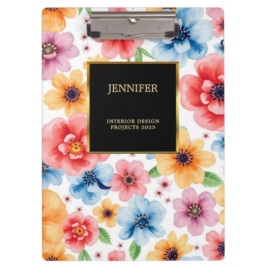 Porte-bloc Elégante aquarelle fleurs noir or professionnel (Devant)