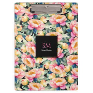 Porte-bloc Elégante pivoine aquarelle sur monogramme noir