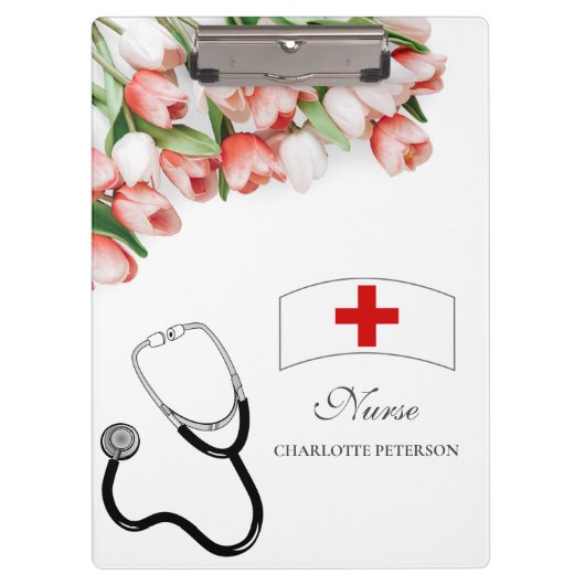 Porte-bloc Élégante Tulipe rose Floral & Stethoscope Infirmiè (Devant)