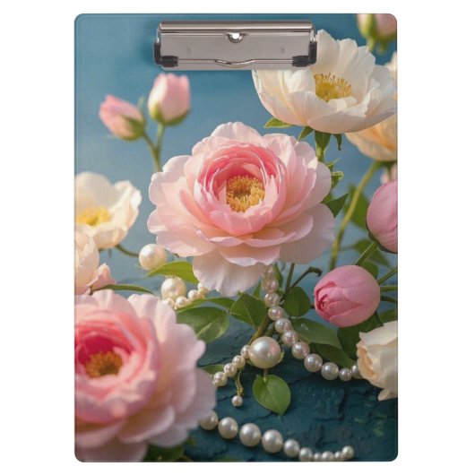 Porte-bloc Élégantes fleurs blanches rose pâle avec perles (Devant)