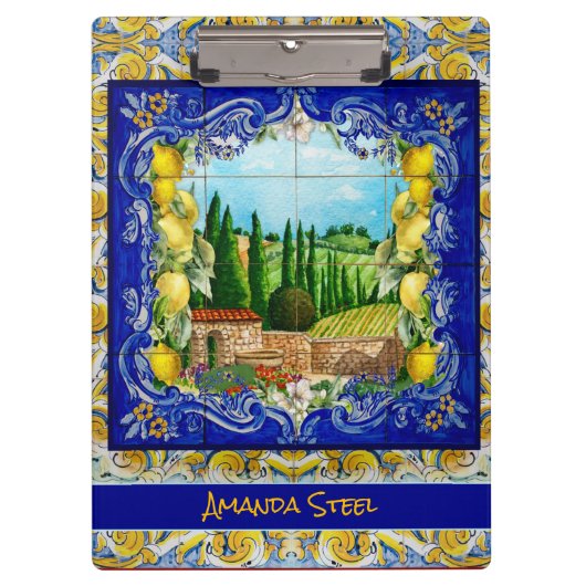 Porte-bloc été italien Majolica bleu tuiles citrus monogramme (Devant)