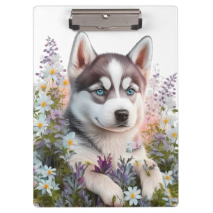 Porte-bloc Fleurs à l'aquarelle et chiot husky sibérien